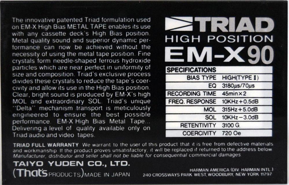 Triad EM-X - 1986 - US - Blank Cassette Tape - New Sealed